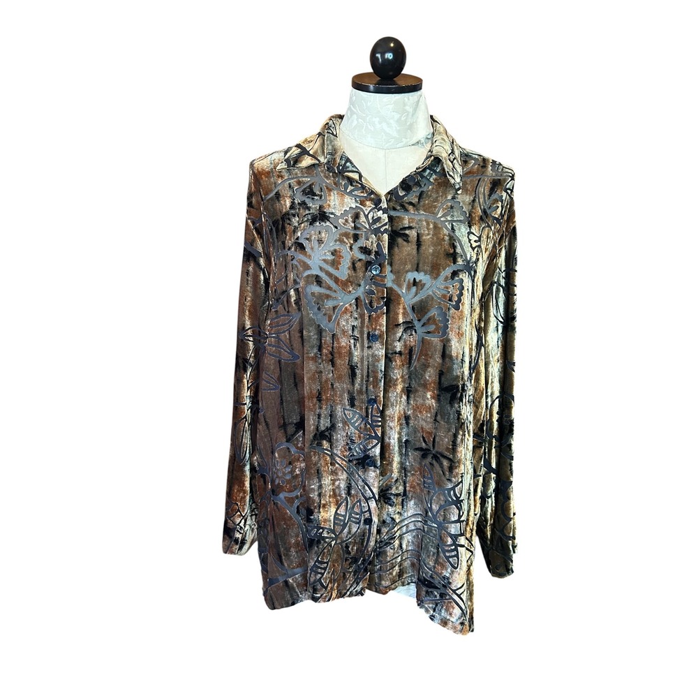 Chico's Design SILK Blend Burnout Velvet Floral VTG Blouse Brown Size 2 (L)